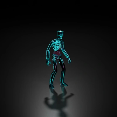 Digital skeleton warrior, neon highlights, futuristic look.