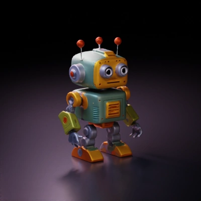 Retro-styled robot with a cute expression, cartoonish design.
