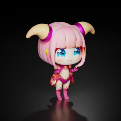 Blue eyes, pink hair, magenta suit
