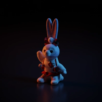 Stuffed rabbit toy wearing festive clothing.