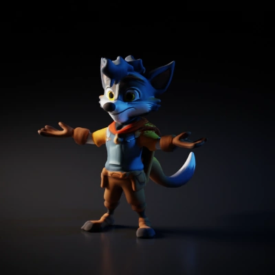 Cartoon anthropomorphic fox in adventurer outfit.