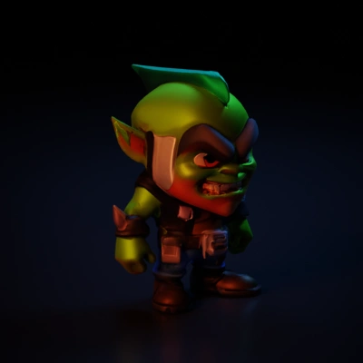 Orc-like character, cartoonish style, muscular build, black eyes, big ears.