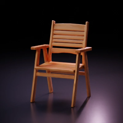 Wooden chair with slatted backrest and armrests.