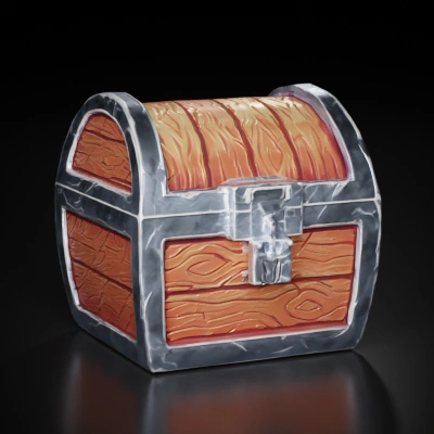 Treasure chest with metallic accents, stylized design.