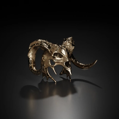 Warrior helmet with ram horns, ornate design.
