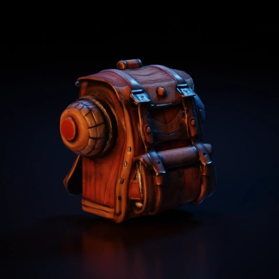Backpack with intricate compartments, vintage style.