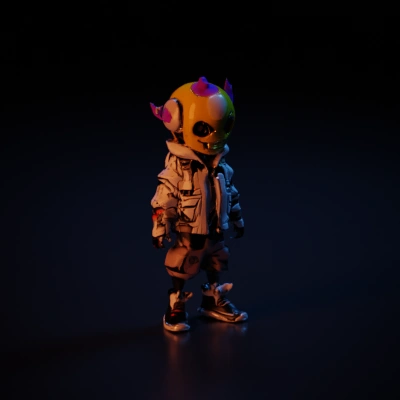 Person wearing hoodie and sneakers with skull-like helmet, purple flames.