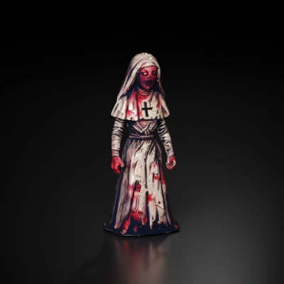 A corrupted religious figure, dressed in torn and blood-stained religious nun garb. their eyes could be hollow or glowing