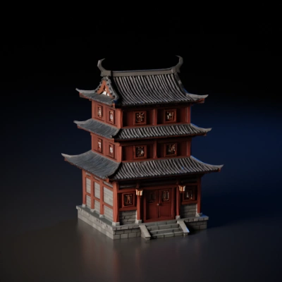 Traditional three-story Asian pagoda.