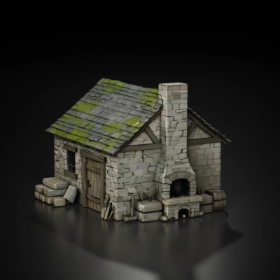 Medieval stone mason's hut with mossy roof.