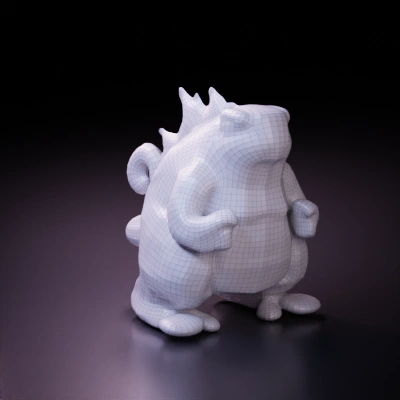 Kaiju eating pizza, cartoonish. symmetric geometry, smooth edges, simple geometry, game-ready, character