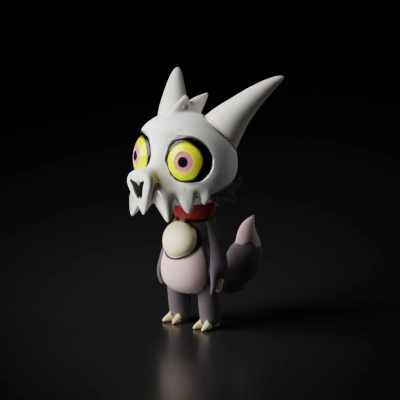 A fluffy creature with large eyes. the creature's skull is exposed on its head and has 2 horns, one of which is broken