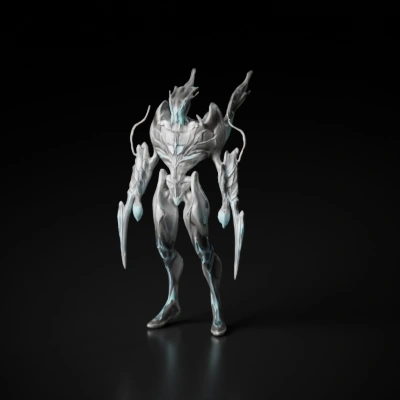 Futuristic armored humanoid with integrated weapons.