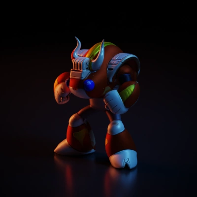 Armored character with horns and fists, retro style.
