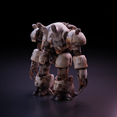 Battle-scarred robot, humanoid, mechanical details.