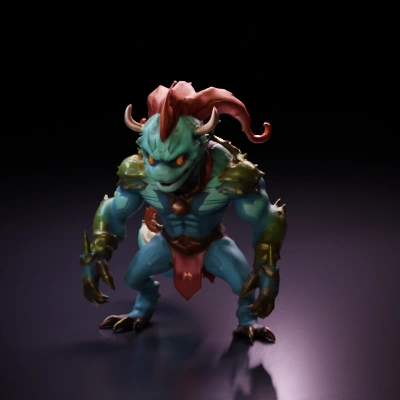 Reptilian warrior creature with armor and red mane.