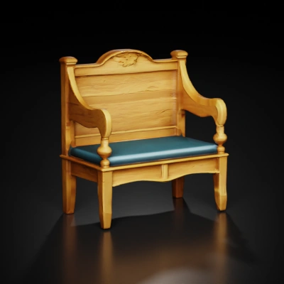 Vintage wooden bench, ornate backrest.