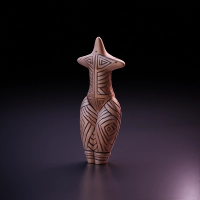 Stylized humanoid figurine with geometric patterns.