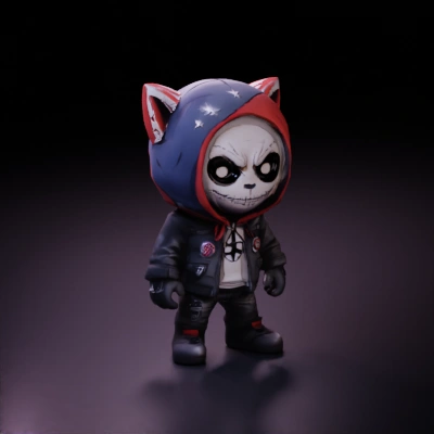 Hooded skeleton character, large head, small body.