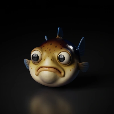 A round fish with fins and tail.