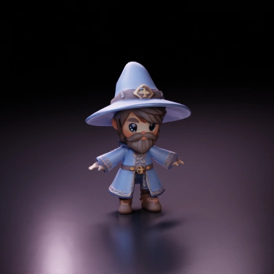 Chibi wizard character with large hat and beard.