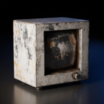 Retro-styled CRT monitor in a cubic frame, one knob,.black screen, dark metal, rust