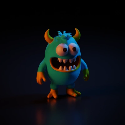 Fluffy monster creature with big eyes, cartoonish appeal.