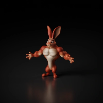 Anthropomorphic muscular rabbit character with massive arms and legs.