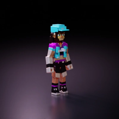 Blocky pixelated character in casual outfit.