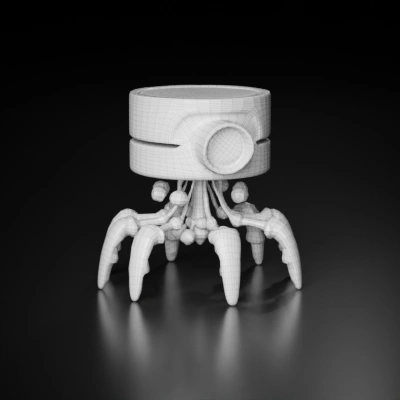 Futuristic robotic octopus with large eye, mechanical tentacles. . symmetric geometry, complex geometry, character.