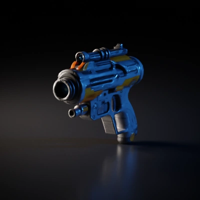 Futuristic sci-fi pistol, bulky, multiple attachments.