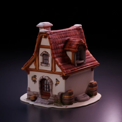 Charming fairytale house with detailed trim and features.