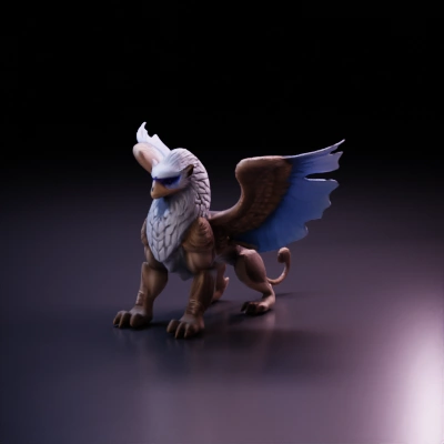 Griffin with wings spread, warrior-like stance.