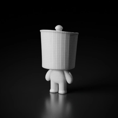 Cartoon character with plant pot head, humanoid body.