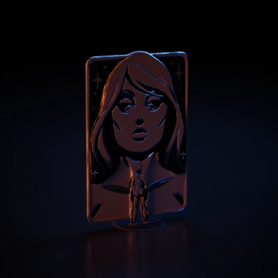 Human figure facing giant female face, futuristic.