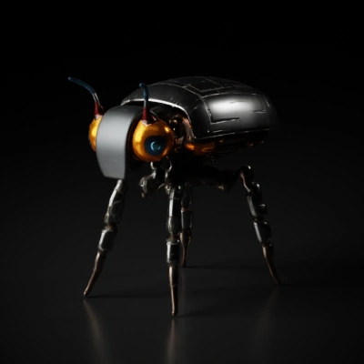 Robot insect with large eyes, mechanical legs.