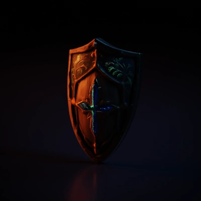 Decorative wooden shield with blue glowing cross, intricate designs.