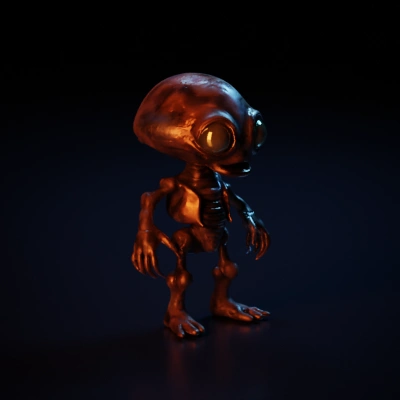 Alien creature with large eyes and ribbed torso.