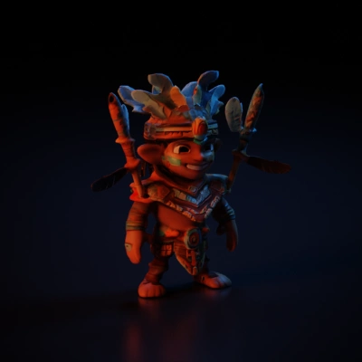 Tribal warrior with elaborate headdress, animation style.