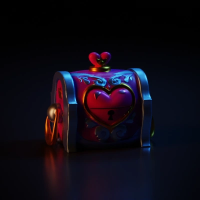 Treasure chest with pink ruby heart lock, ornate design, fantasy style. 
Purple shiny metal and platinum trimmings