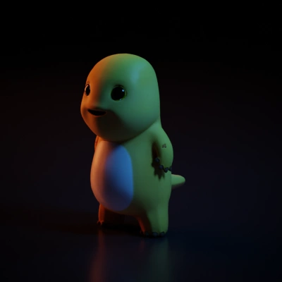 Chubby yellow creature with big eyes, cartoon character and rounded head. Yellow hand with brown fingernail。
