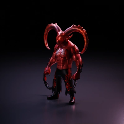 Demonic muscular character with large horns, ripped clothes, tattoos.