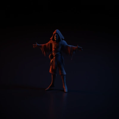 Masked medieval jester with outstretched arms.