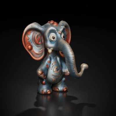 Elephant-like figurine, cartoonish with detailed patterns.