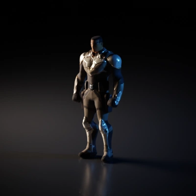Armored futuristic soldier with weapons.