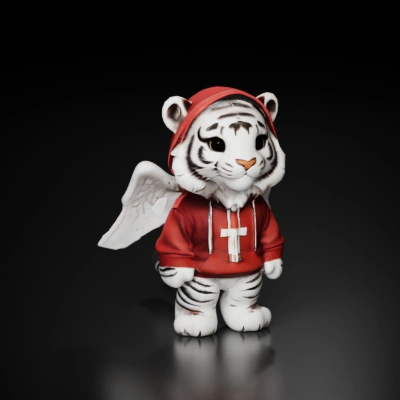 Cute tiger cub character in hoodie with wings.