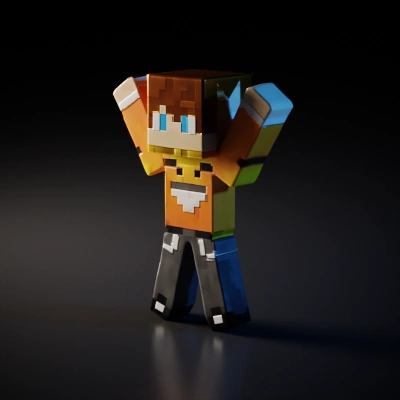 Pixelated character in blocky design, arms raised.
