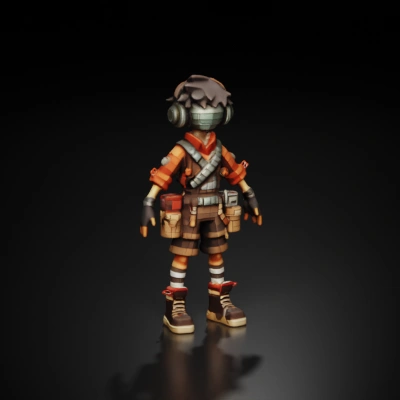 Low-Poly Style adventurer video game character with headphones and dreadlocks.