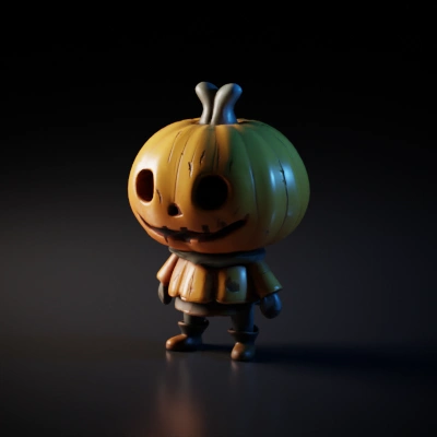 Pumpkin-headed scarecrow character, friendly expression.