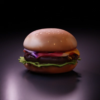 Burger with lettuce, tomatoes, cheese, onions.